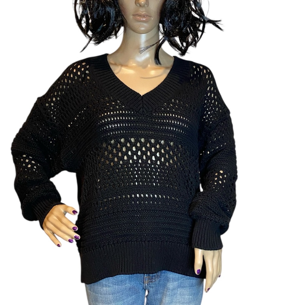Universal Thread Goods Co Openwork V-neck Pullover Sweater Top Black Size XL NWT